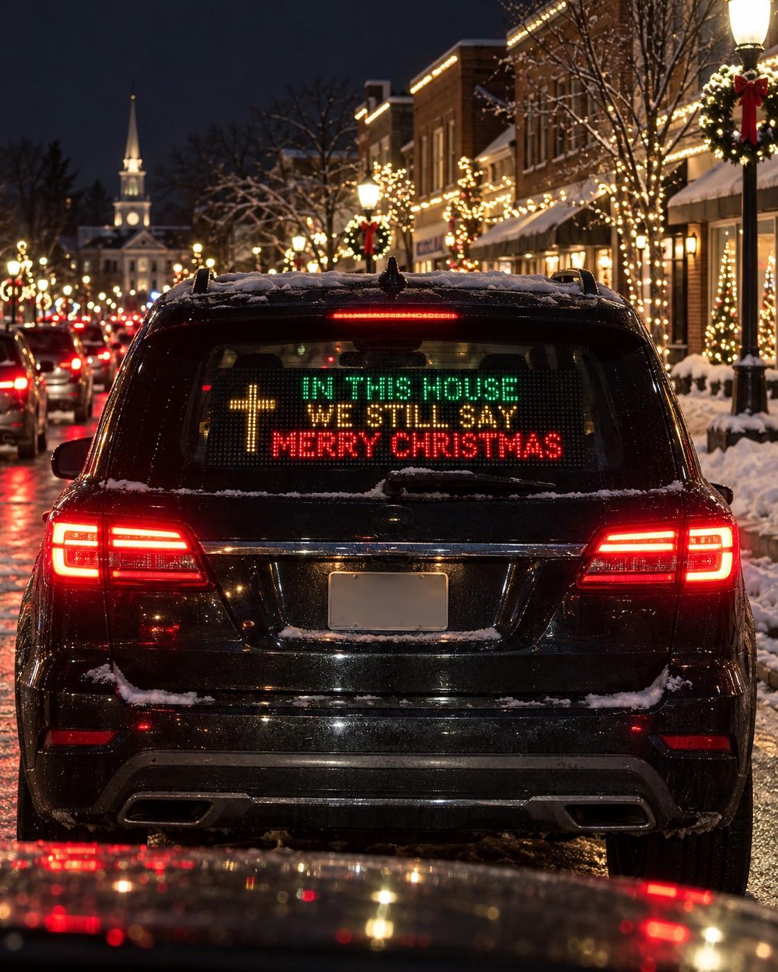 LED display in a car rear window at night scrolling IN THIS HOUSE WE STILL SAY MERRY CHRISTMAS