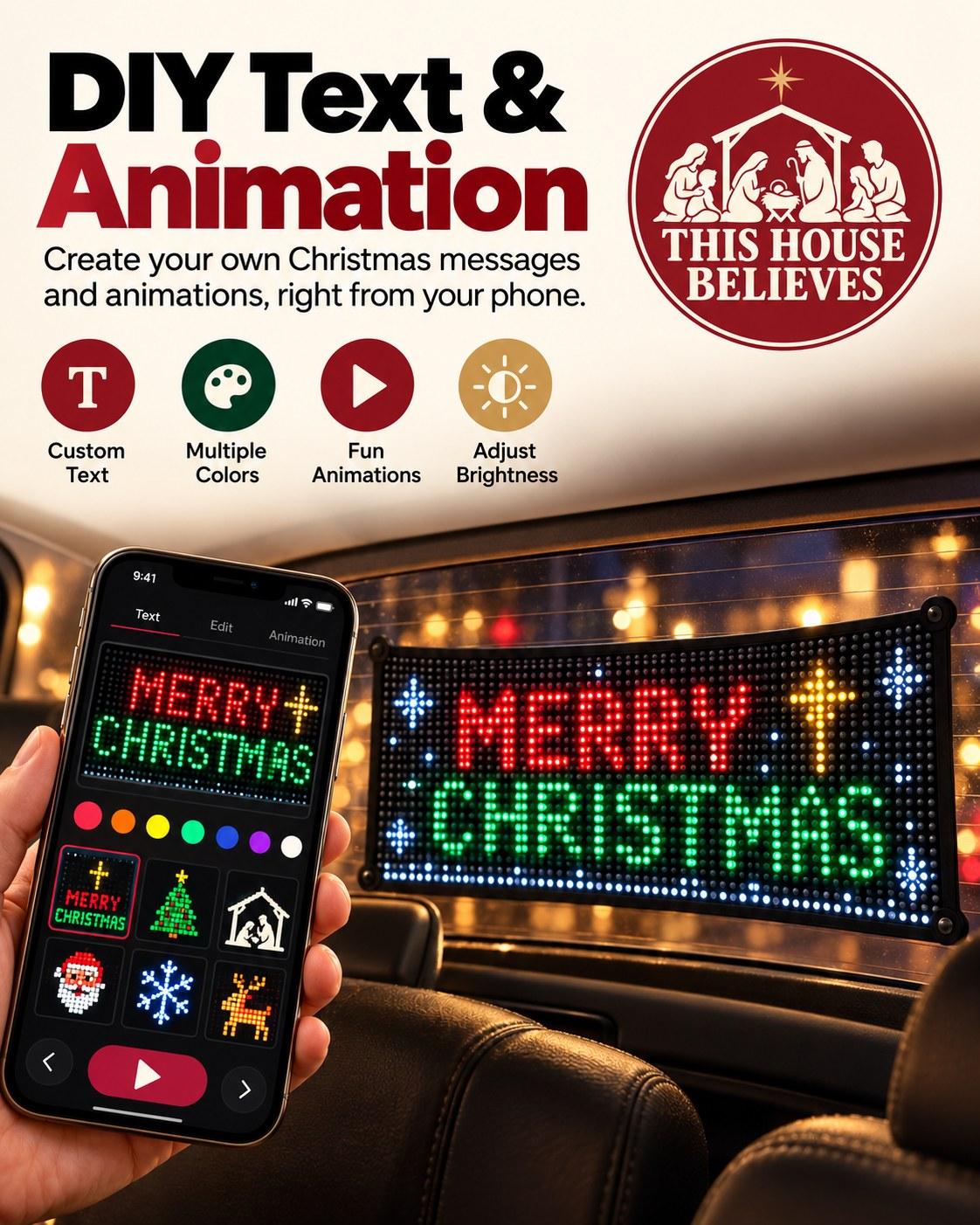 DIY text and animation: create your own Christmas messages and animations from your phone. Custom text, colors, animations, brightness.