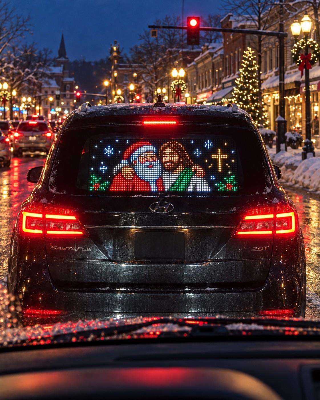View from the car behind: MERRY CHRISTMAS scrolling across the rear window at a red light