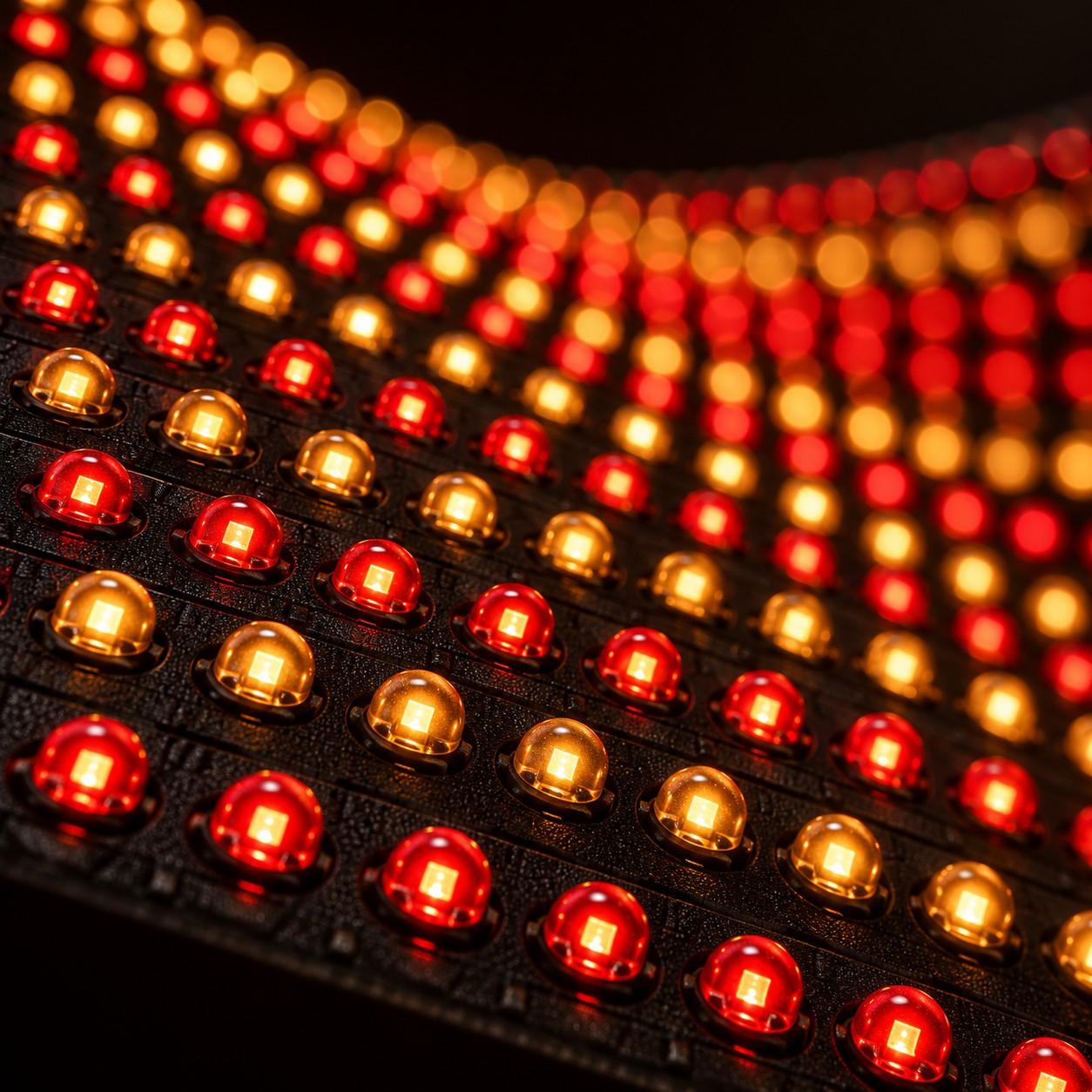 Close-up of the red and gold LED dots