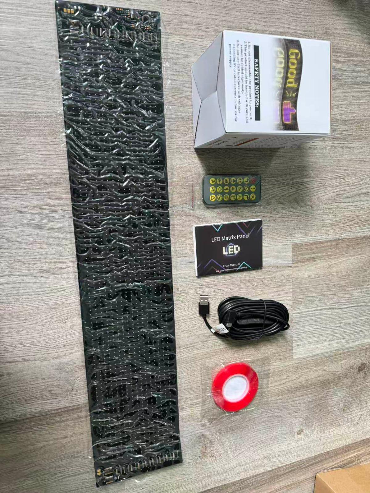 What's in the box: LED display, remote, USB cable, mounting tape and manual